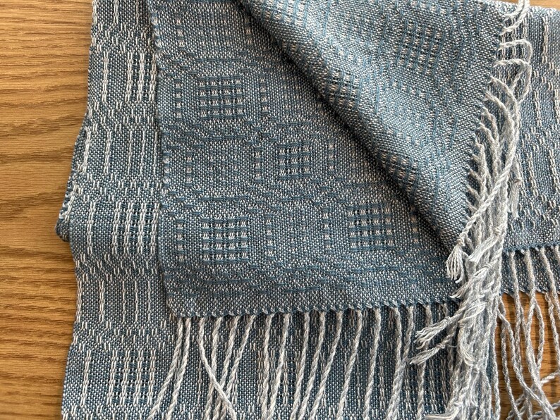 Silver, Natural, and Teal Blue Tencel Handwoven Scarf with Fringe image 9