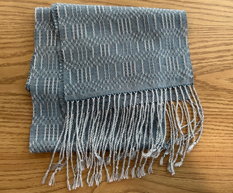 Silver, Natural, and Teal Blue Tencel Handwoven Scarf with Fringe image 4