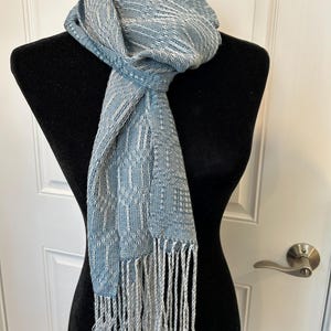 Silver, Natural, and Teal Blue Tencel Handwoven Scarf with Fringe image 2
