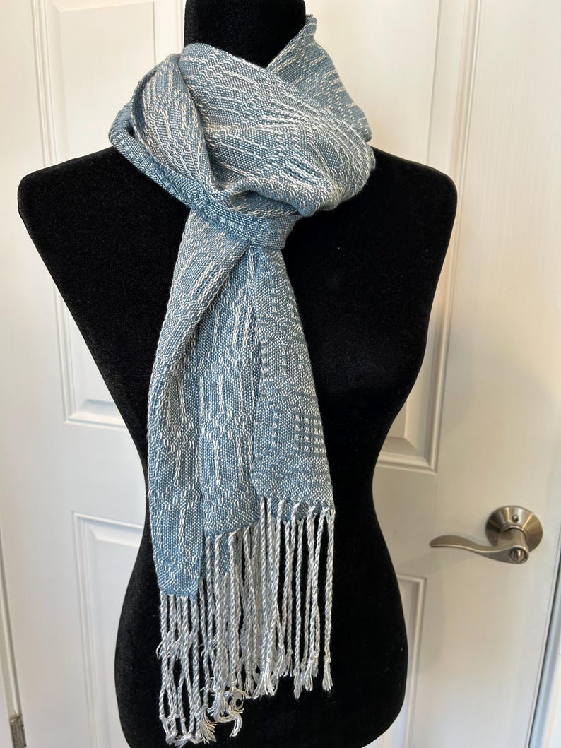 Silver, Natural, and Teal Blue Tencel Handwoven Scarf with Fringe image 2