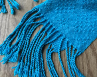 Handwoven Cotton Scarf - Turquoise Huck Lace with Twisted Fringe