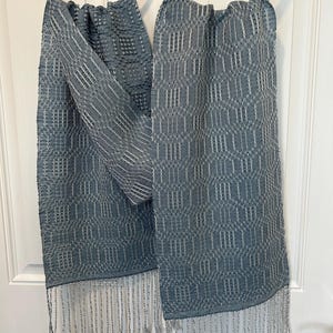 Silver, Natural, and Teal Blue Tencel Handwoven Scarf with Fringe image 1
