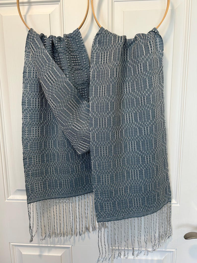 Silver, Natural, and Teal Blue Tencel Handwoven Scarf with Fringe image 1
