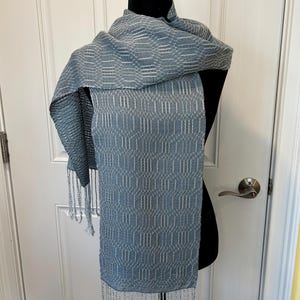 Silver, Natural, and Teal Blue Tencel Handwoven Scarf with Fringe image 6