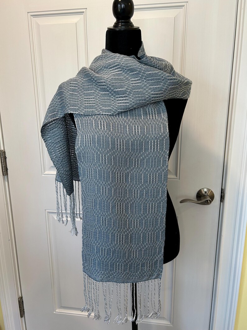 Silver, Natural, and Teal Blue Tencel Handwoven Scarf with Fringe image 6