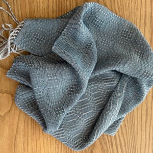 Silver, Natural, and Teal Blue Tencel Handwoven Scarf with Fringe image 3