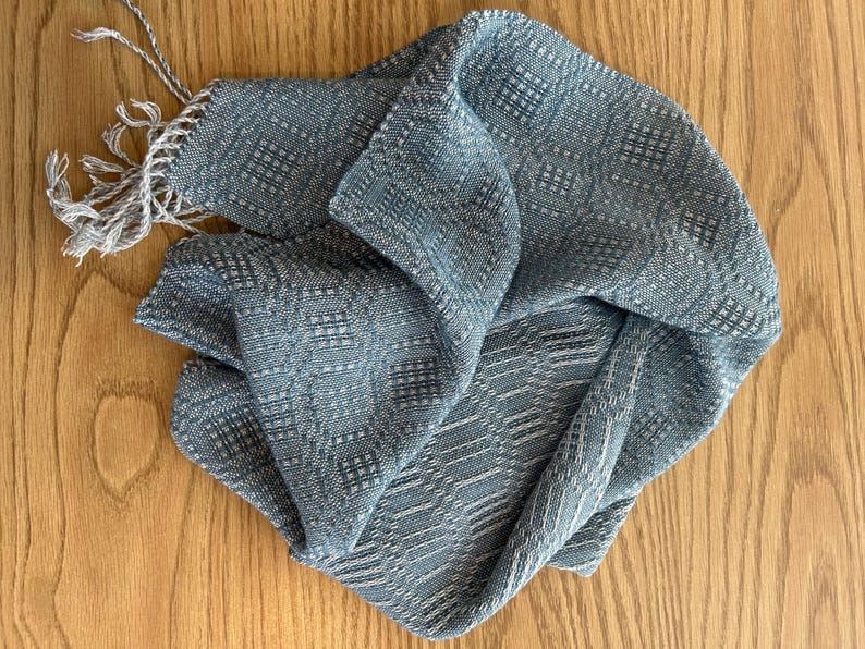 Silver, Natural, and Teal Blue Tencel Handwoven Scarf with Fringe image 3