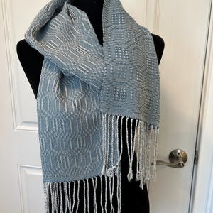 Silver, Natural, and Teal Blue Tencel Handwoven Scarf with Fringe image 5