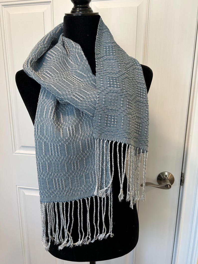 Silver, Natural, and Teal Blue Tencel Handwoven Scarf with Fringe image 5
