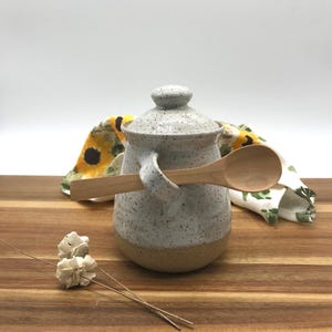 Ceramic Sugar Bowl, Pottery Lidded Container, Honey Jar, Green, Blue, White Glazed, Speckled Clay, Sugar Container, Gift for Me