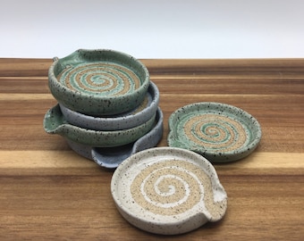 Tea Bag Holder, Teaspoon Rest, Handmade, Pottery Wheel Thrown, Speckled Clay, Blue, green and white Glazes, Spiral Shape and  solid