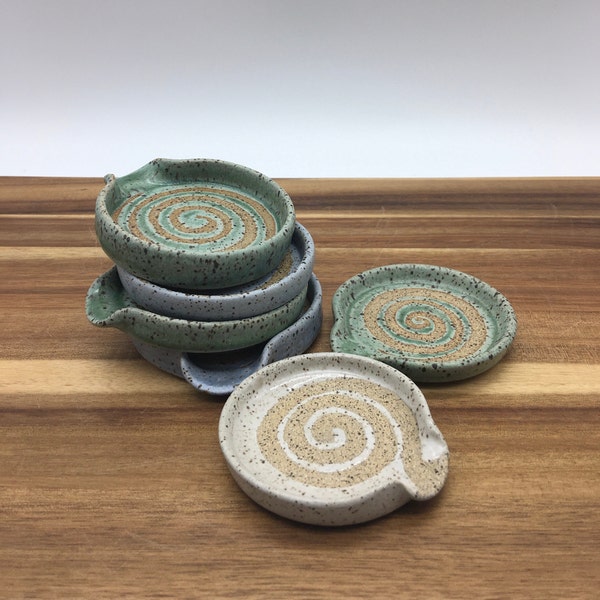 Tea Bag Holder, Teaspoon Rest, Handmade, Pottery Wheel Thrown, Speckled Clay, Blue, green and white Glazes, Spiral Shape and  solid