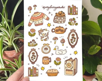 Warm Cottage Vinyl Sticker Sheet | bullet journal stationery penpal cottagecore mushroom cow goose duck library embroidery fall autumn cozy