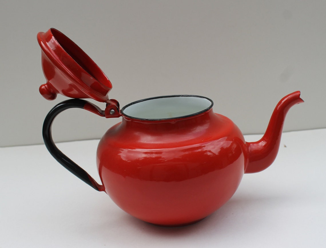 Enamel Tea Kettle Vintage Red Kitchen/ Retro Home Decor / Mid Etsy