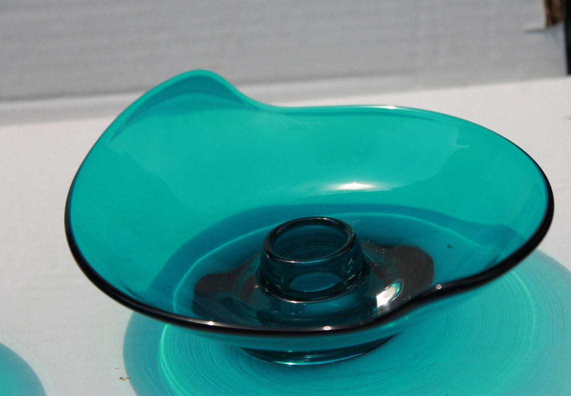 MCM Teal blue Swirl Viking Glass Candle Holders Set of 2 Etsy