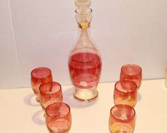 Etched Cranberry Glass Decanter Set with 6 Glasses Bohemian Style