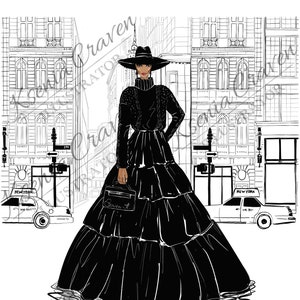 Digital Art NYC New York Lady in hat Fashion illustration, Instant Printable Downloadable illustration, Runway, Blonde, Brunette, car taxi