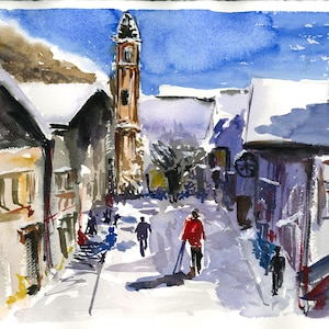 Watercolor Hand Painting Original Winter in Vienna Touristic Place Europe Drawing Walldecor Skiing Art Hand Made Living Room Art Style