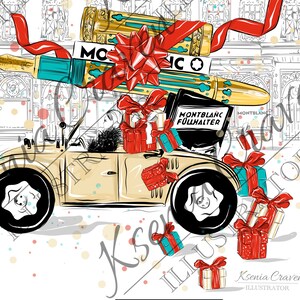 Digital Art Christmas gift presents Fashion illustration, Instant Printable Downloadable illustration, Runway, Blonde, Brunette, car