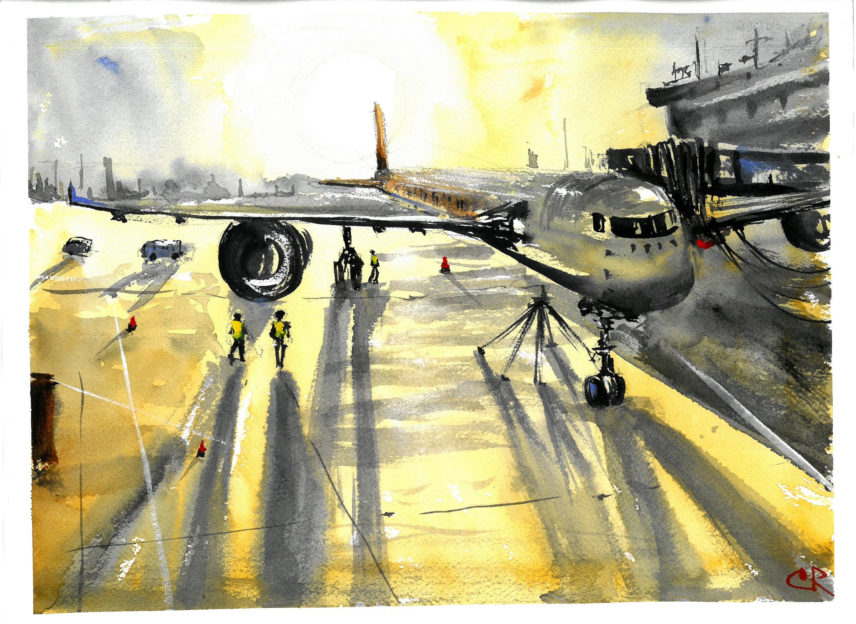 Watercolor Hand Painting Plane Airport Original Watercolor Art Etsy