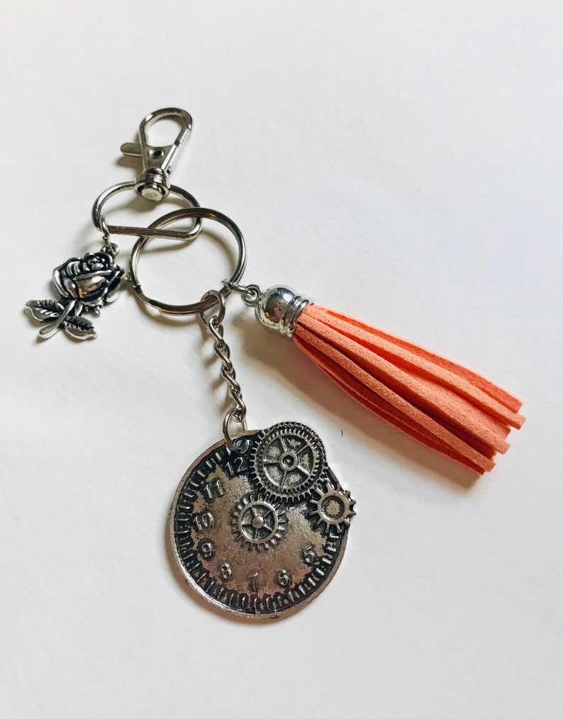 Cute Antique Clock Keychain with Rose and Light Orange Tassel Etsy