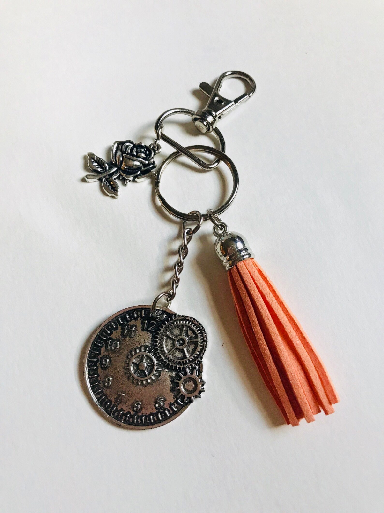 Cute Antique Clock Keychain with Rose and Light Orange Tassel Etsy