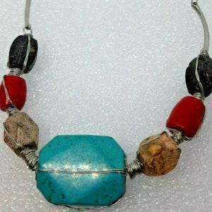 Chunky Handmade Wire Wrapped, Black Lava Stone, Red Coral, Tan Jasper, Blue Howlite, Boho Necklace
