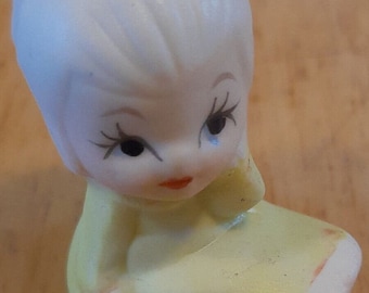 Vintage Ceramic Girl Child Figurine mini Miniature yellow dress toddler