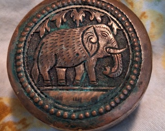 Vintage Copper Cambodian Etched Elephant Trinket Pill Tiny Snuff Box