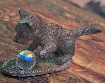 Vintage Pewter Miniature Kitten with Crystal Ball