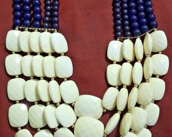 Vintage patriottische witte en blauwe verklaring ketting met meerdere strengen, 18 inch