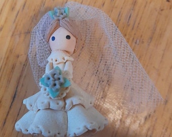 Handmade Clay Bride in Wedding Dress with Flowers Figurine mini Miniature