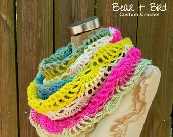 Crochet infinity scarf, rainbow, custom crochet, colorful scarf, unique gift, gift, crochet wrap, shawl, shabby chic, bohemian fashion, boho