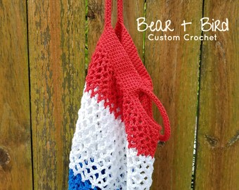 Custom crochet cotton farmers market, reusable shopping bag, beach bag, red white and blue, 4th of july, recycle, mesh bag, unique gift, USA