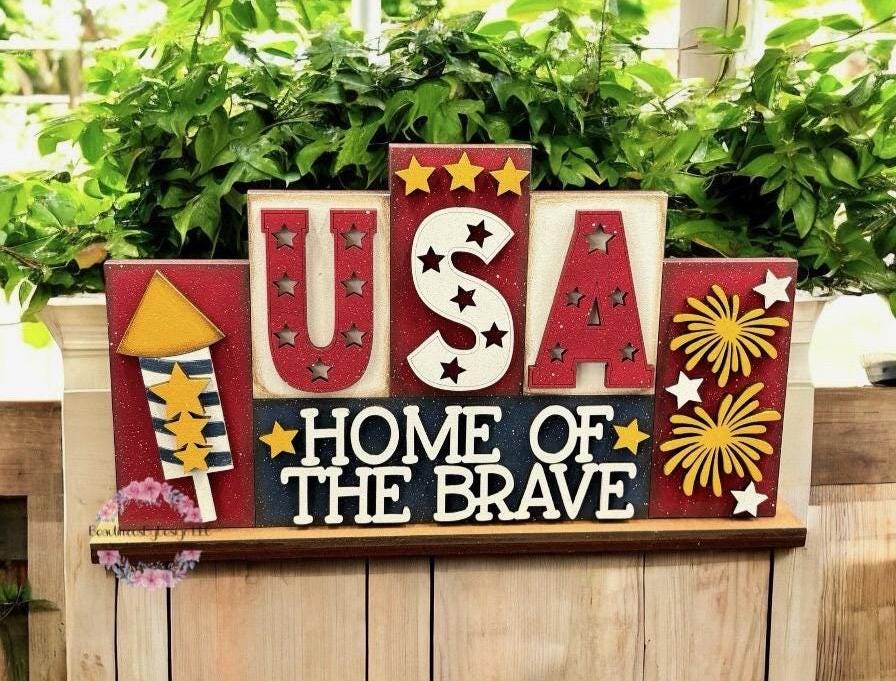 Patriotic word block, summer decor, 4th of July word block, Americana decor, handmade decor, hand painted, Home of the Brave, housewarming