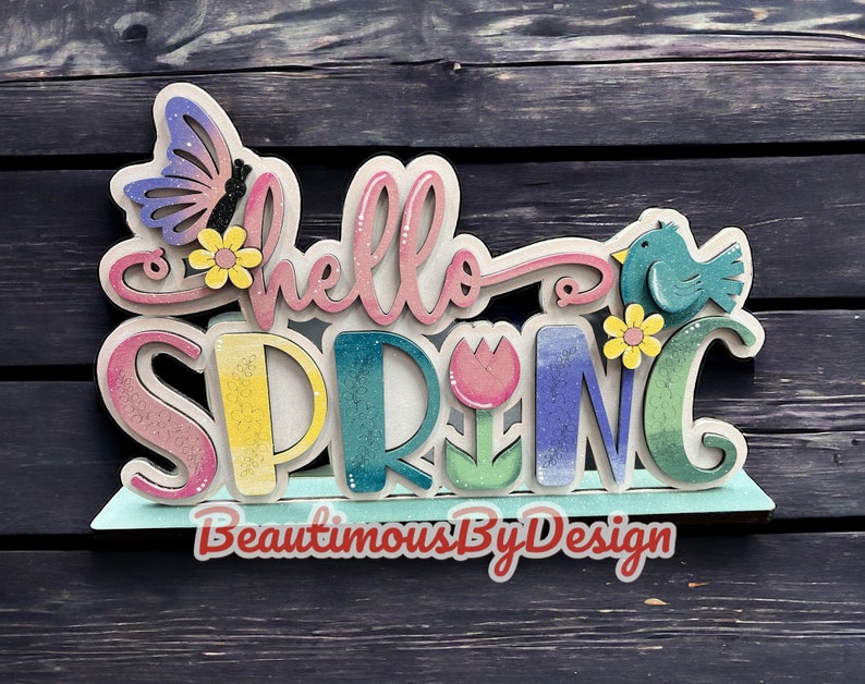 Hello spring, spring decor, spring shelf sitter, Easter decor, spring mantle decor, gift for mom, gift for her, desk decor, office decor image 1