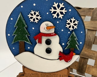 Snowman decor, snowman shelf sitter, holiday decor, snowman snow globe, winter decor, standing snowman, hand painted