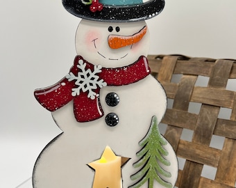 Snowman votive holder, holiday votive holder, snowman shelf sitter, winter decor, hand painted