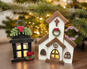Christmas votive holder, Christmas church, lantern, holiday votive holder, winter decor, hand painted, country Christmas, farmhouse decor