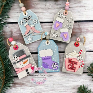 Christmas gift tag, Christmas gift card holder, winter gift card holder, snowman, cocoa, stocking, mittens, reusable gift card holder