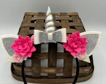 READY TO SHIP unicorn felt flower crown, unicorn, unicorn headband, felt unicorn ears, unicorn dress up, unicorn costume, pink flowers