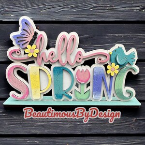 Hello spring, spring decor, spring shelf sitter, Easter decor, spring mantle decor, gift for mom, gift for her, desk decor, office decor image 4