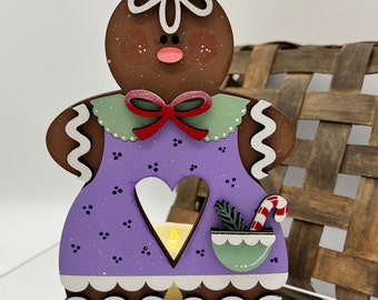 Gingerbread votive holder, gingerbread girl, holiday votive holder, gingerbread shelf sitter, gingerbread decor, hand painted
