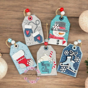 Christmas gift tag, Christmas gift card holder, winter gift card holder, snowman, cocoa, stocking, mittens, reusable gift card holder