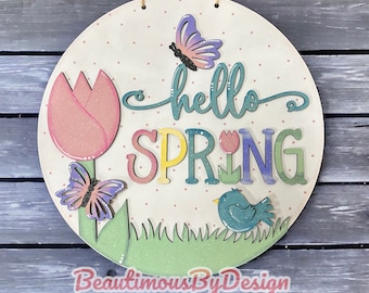 Hello spring, spring decor, spring wall decor, spring door hanger, hanging hello spring, gift for mom, gift for her, Mother&#39;s Day gift