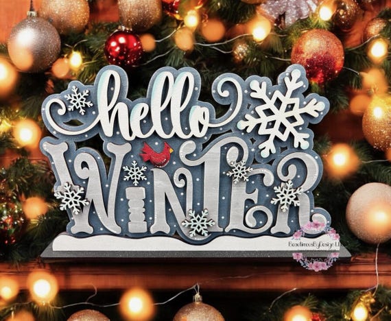 Hello Winter shelf sitter, winter decor, snowflake decor, winter mantle decor, gift for mom, gift for her, mantel decor, office decor