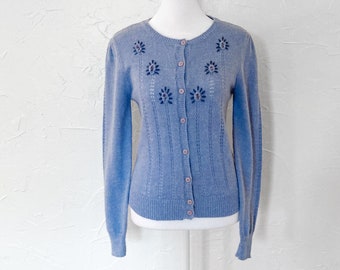 90s Fuzzy Knit Pointelle Floral Light Blue Cardigan | Small/Medium