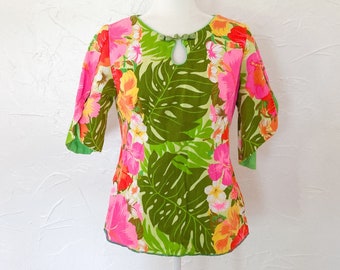 60s Day-Glo Neon Floral Flared Cut-Out Sleeve Frog Closure Keyhole Blouse | Medium/Large