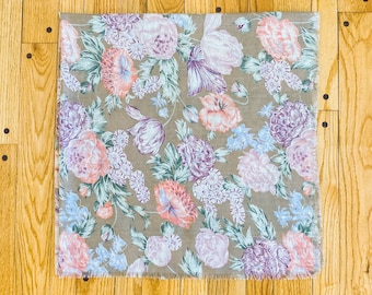 80s/90s Romantic Large Floral Scarf Shawl Tan Pink White Blue | 45" x 43"