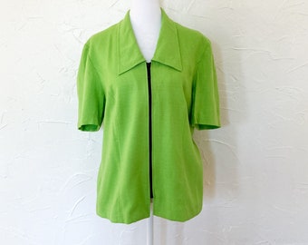 90s Lime Green And Black Zipper Front Short Sleeve Collared Blouse | Large